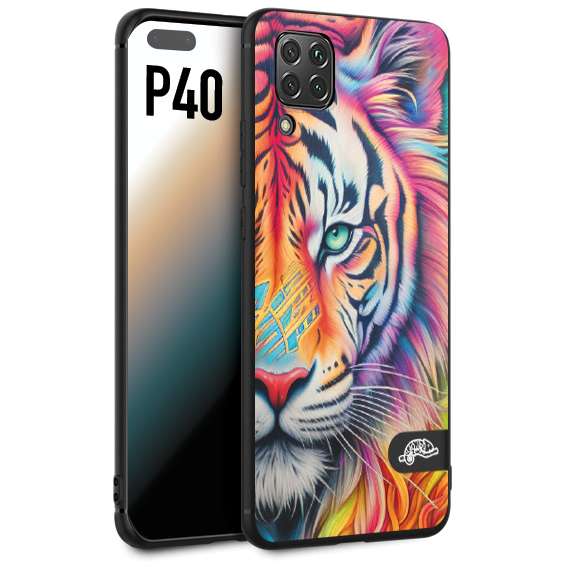 CUSTOMIZZA - Custodia cover nera morbida in tpu compatibile per Huawei P40 animali color tigre tiger viso colori vibranti disegnato schizzo