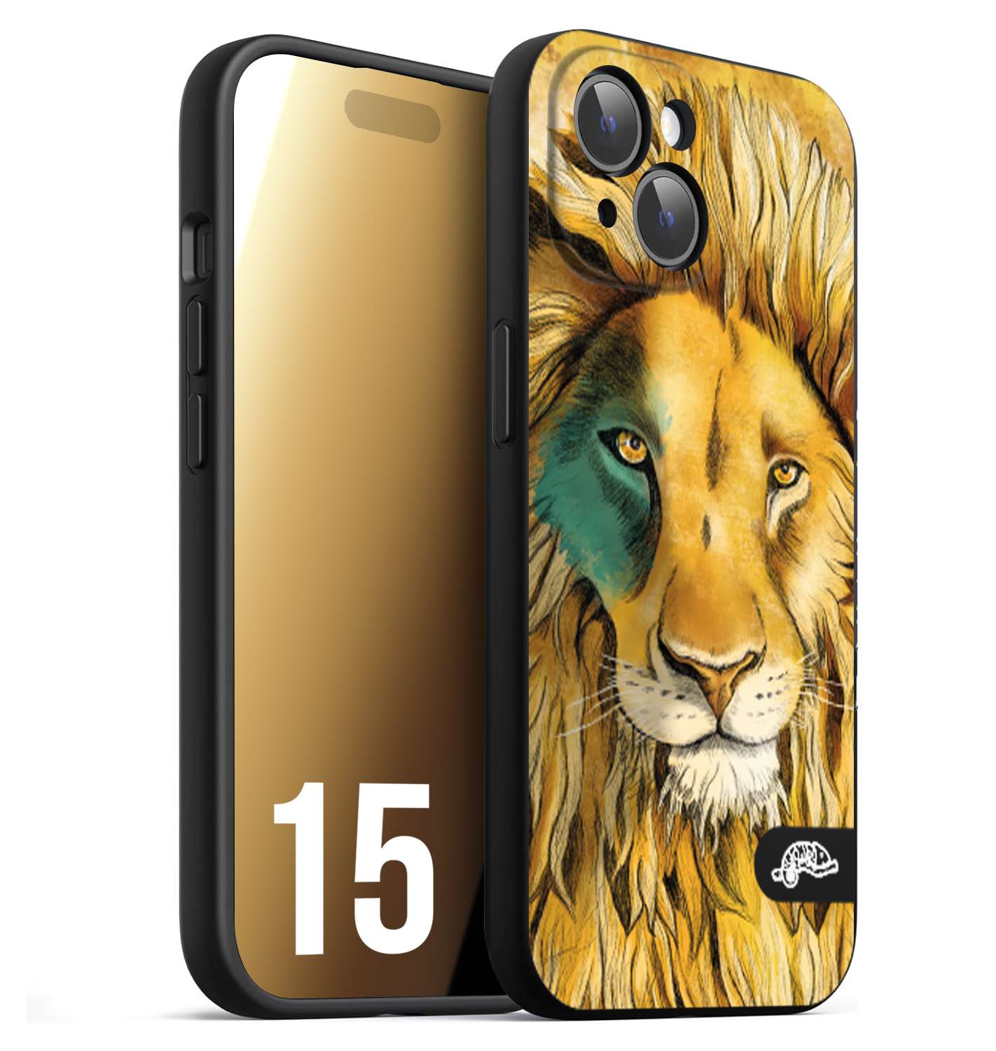 CUSTOMIZZA - Custodia cover nera morbida in tpu compatibile per iPhone 15 leone lion disegnato a mano giallo blu a rilievo artistico brown