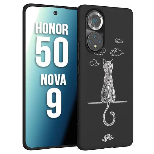 CUSTOMIZZA - Custodia cover nera morbida in tpu compatibile per Huawei Nova 9 - Honor 50 gatto mandala stilizzato gattino a rilievo soft touch donna bianca