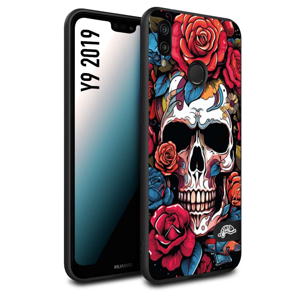 CUSTOMIZZA - Custodia cover nera morbida in tpu compatibile per Huawei Y9 2019 teschio skull flowers fiori rose rosse tattoo disegnato