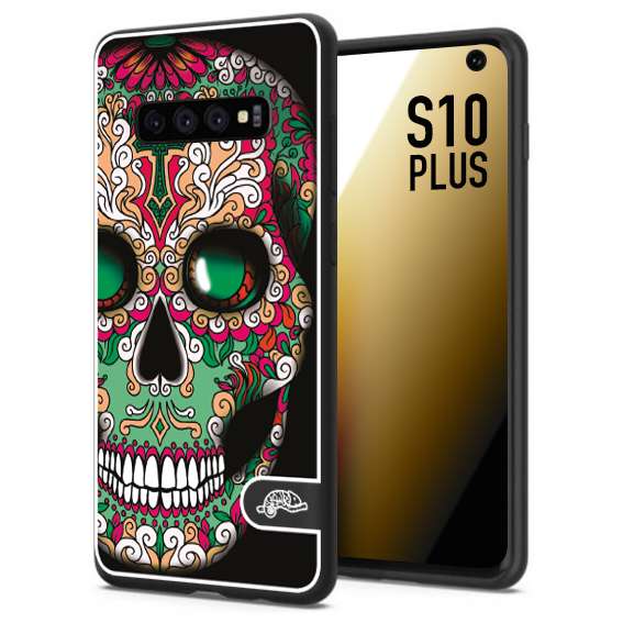 CUSTOMIZZA - Custodia cover nera morbida in tpu compatibile per Samsung S10 PLUS teschio messicano Mexican skull verde fucsia