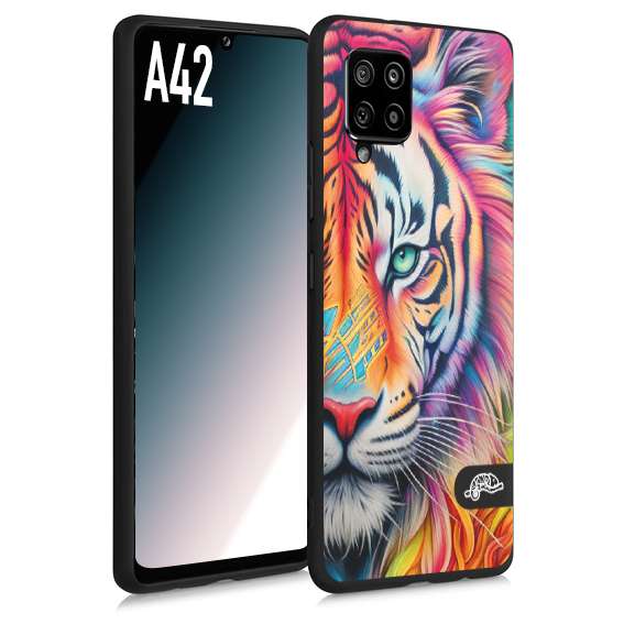 CUSTOMIZZA - Custodia cover nera morbida in tpu compatibile per Samsung A42 animali color tigre tiger viso colori vibranti disegnato schizzo