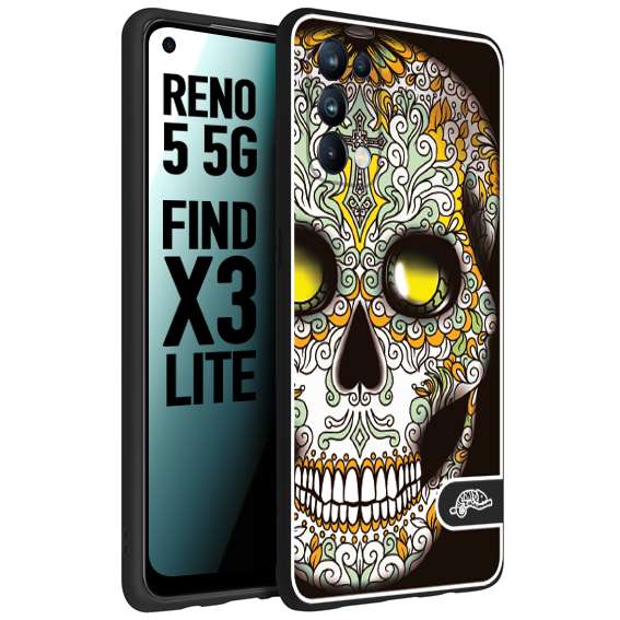 CUSTOMIZZA - Custodia cover nera morbida in tpu compatibile per Oppo Reno 5 5G teschio messicano Mexican skull bianco verde giallo