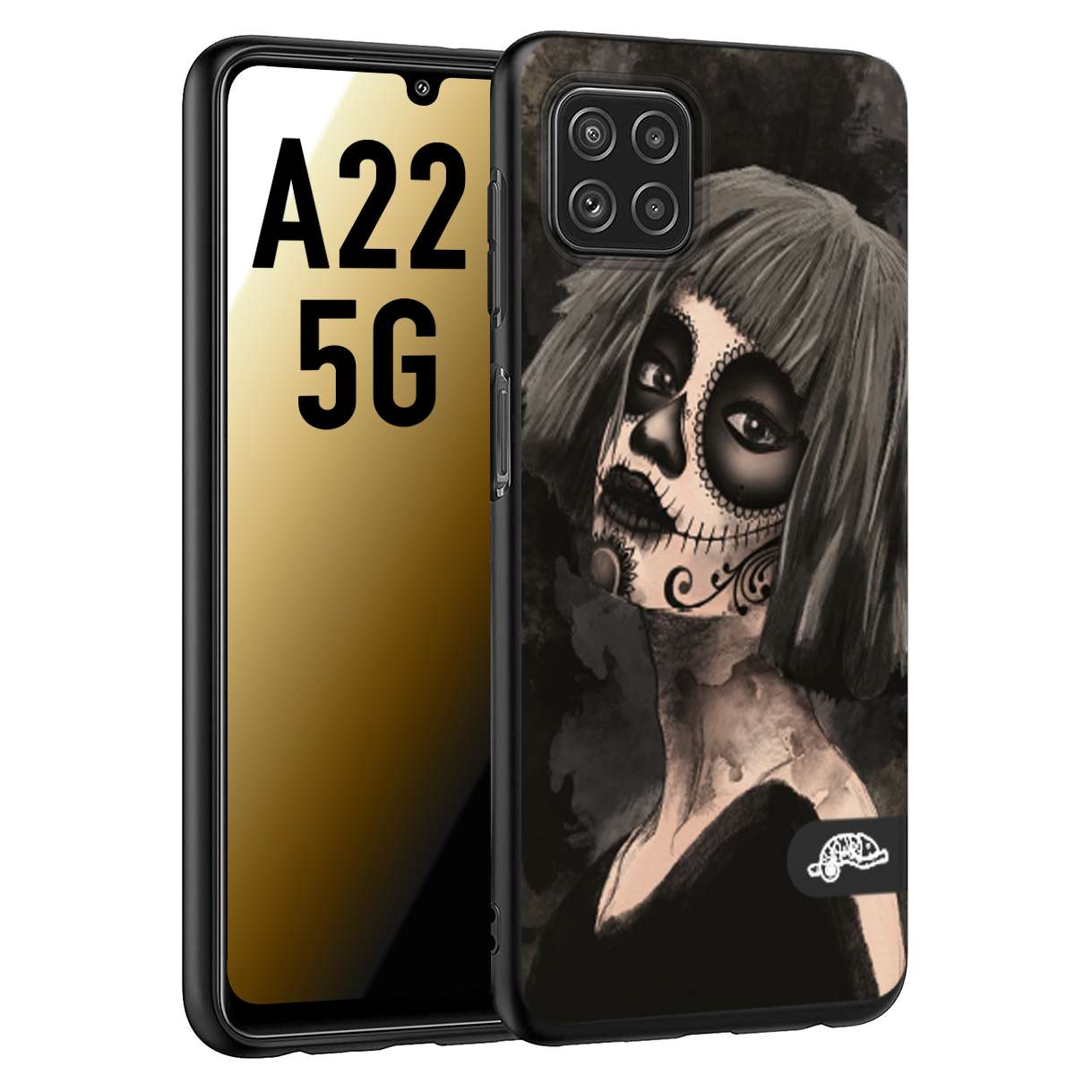 CUSTOMIZZA - Custodia cover nera morbida in tpu compatibile per Samsung A22 5G chicana messicana dea de la muerte donna santa tattoo disegnata