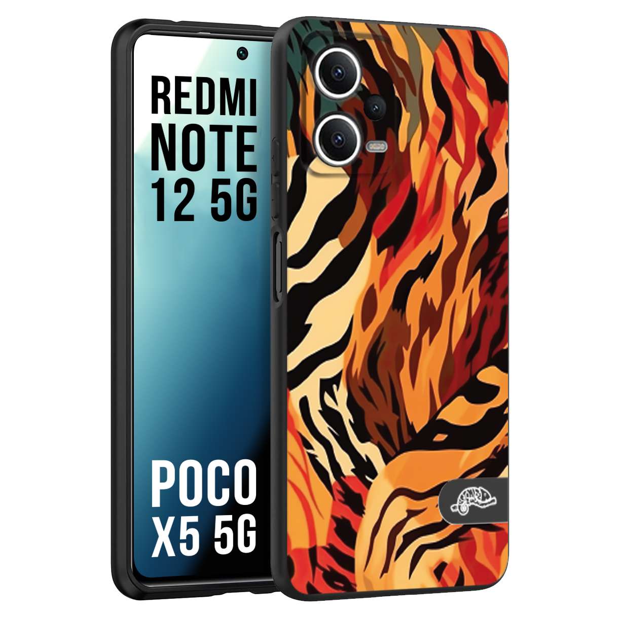 CUSTOMIZZA - Custodia cover nera morbida in tpu compatibile per Xiaomi Redmi Note 12 - POCO X5 5G leopardato maculato tigrato tiger colorata gialla rossa arancio