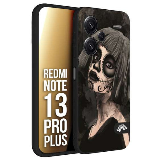 CUSTOMIZZA - Custodia cover nera morbida in tpu compatibile per Xiaomi Redmi Note 13 PRO PLUS chicana messicana dea de la muerte donna santa tattoo disegnata