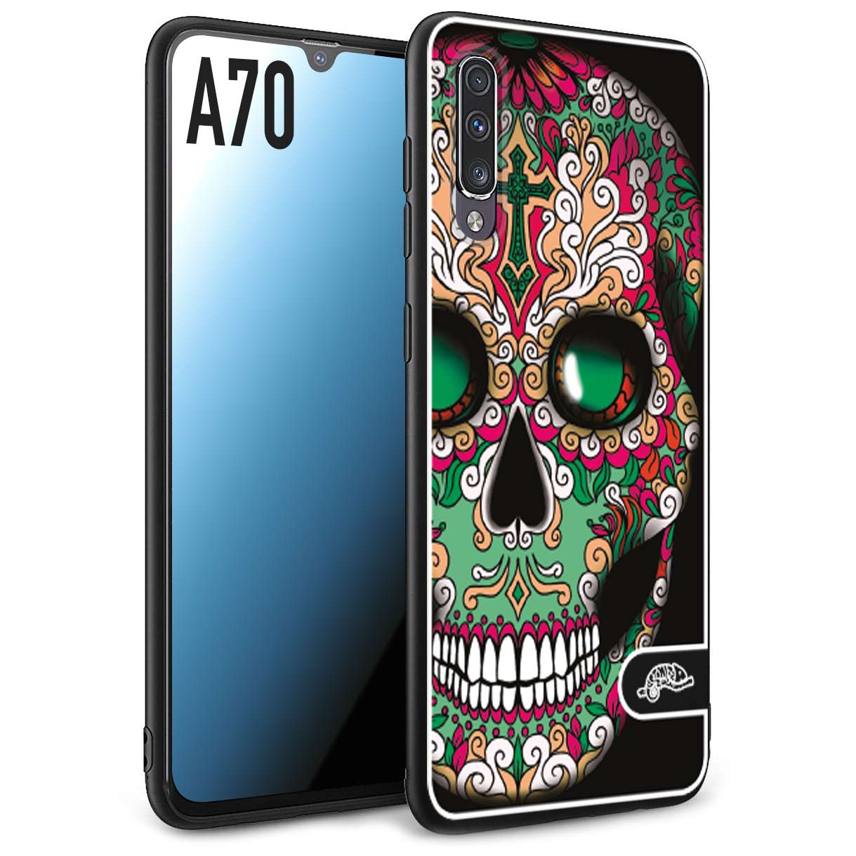 CUSTOMIZZA - Custodia cover nera morbida in tpu compatibile per Samsung A70 teschio messicano Mexican skull verde fucsia