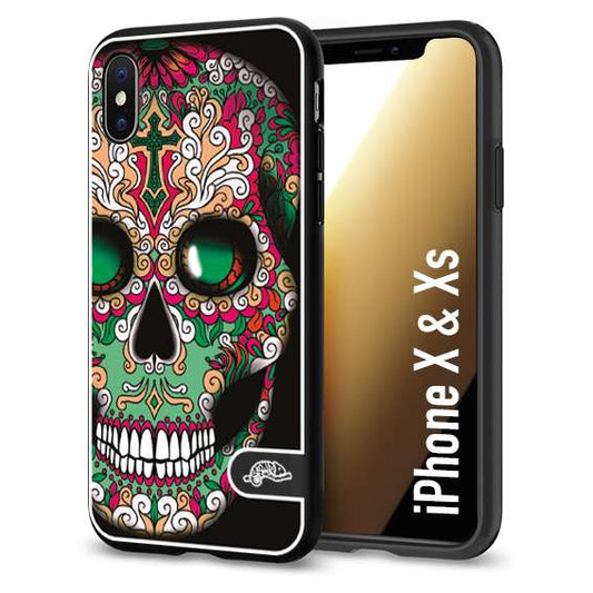 CUSTOMIZZA - Custodia cover nera morbida in tpu compatibile per iPhone X - Xs teschio messicano Mexican skull verde fucsia