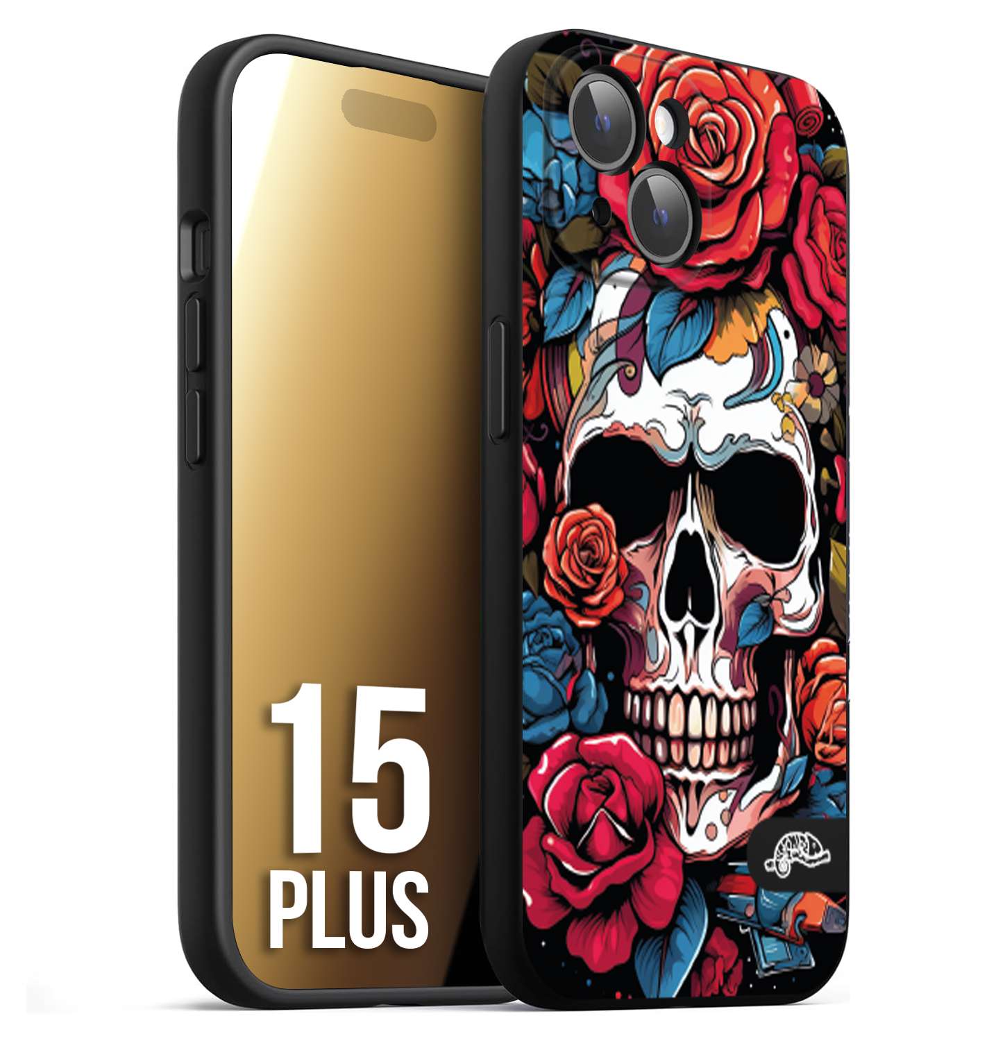 CUSTOMIZZA - Custodia cover nera morbida in tpu compatibile per iPhone 15 PLUS teschio skull flowers fiori rose rosse tattoo disegnato