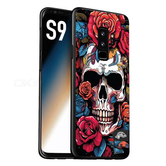 CUSTOMIZZA - Custodia cover nera morbida in tpu compatibile per Samsung S9 teschio skull flowers fiori rose rosse tattoo disegnato