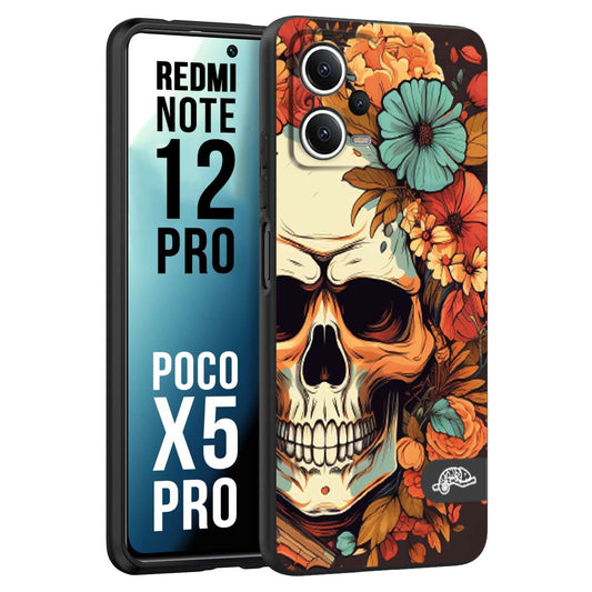 CUSTOMIZZA - Custodia cover nera morbida in tpu compatibile per Xiaomi Redmi Note 12 PRO - POCO X5 PRO teschio skull flowers fiori autunnali arancio celeste tattoo