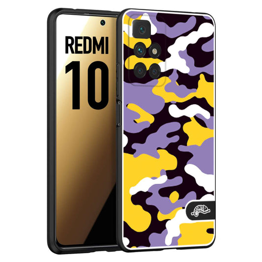 CUSTOMIZZA - Custodia cover nera morbida in tpu compatibile per Xiaomi Redmi 10 camouflage mimetico militare viola lilla giallo