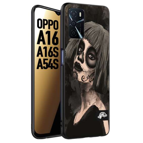 CUSTOMIZZA - Custodia cover nera morbida in tpu compatibile per Oppo A16 - A16S - A54S chicana messicana dea de la muerte donna santa tattoo disegnata