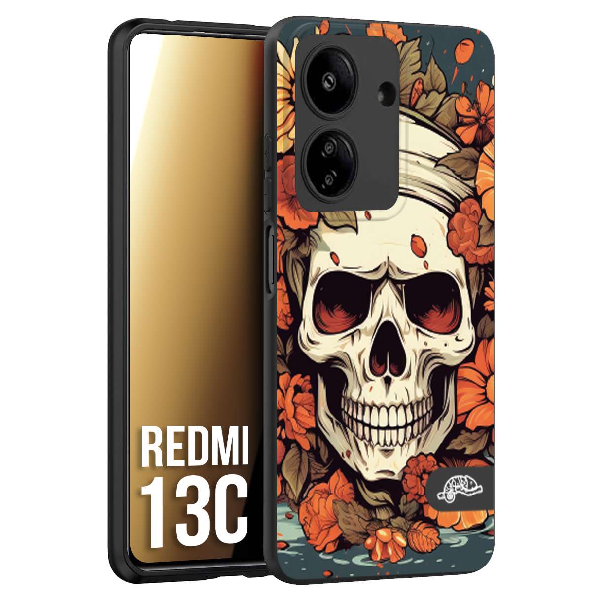 CUSTOMIZZA - Custodia cover nera morbida in tpu compatibile per Xiaomi Redmi 13C teschio skull flowers fiori tattoo disegnato alta definizione