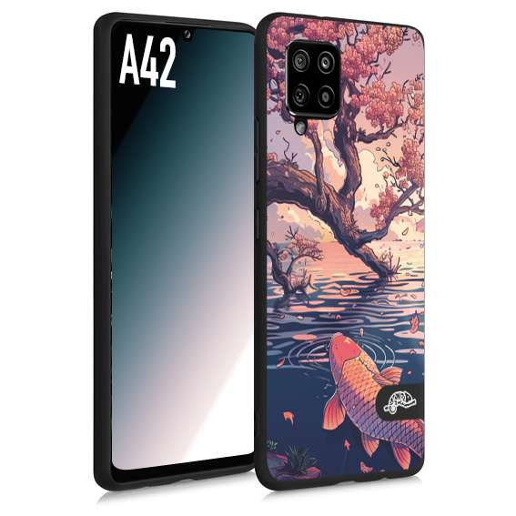 CUSTOMIZZA - Custodia cover nera morbida in tpu compatibile per Samsung A42 giapponese lago carpa koi rosa con foglie d'acero disegnata tattoo