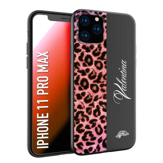 CUSTOMIZZA - Custodia cover nera morbida in tpu compatibile per iPhone 11 PRO MAX leopardato rosa fucsia personalizzata nome iniziali