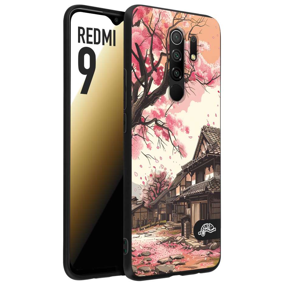 CUSTOMIZZA - Custodia cover nera morbida in tpu compatibile per Xiaomi Redmi 9 casa giapponese rosa ciliegio in fiore disegnata tattoo