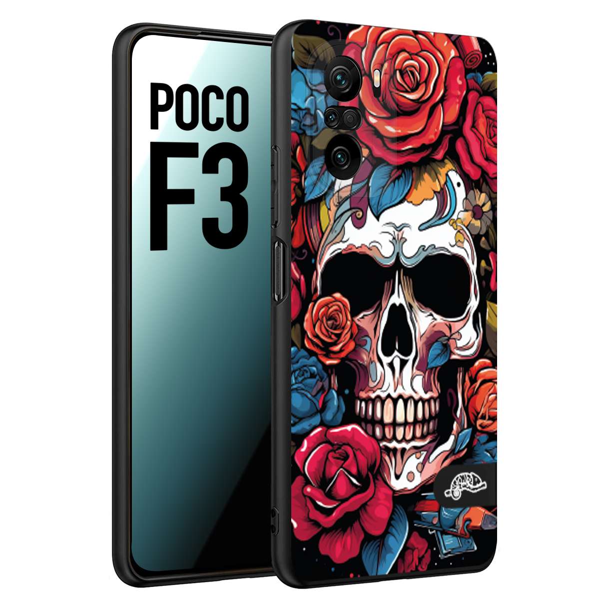 CUSTOMIZZA - Custodia cover nera morbida in tpu compatibile per Xiaomi Poco F3 teschio skull flowers fiori rose rosse tattoo disegnato