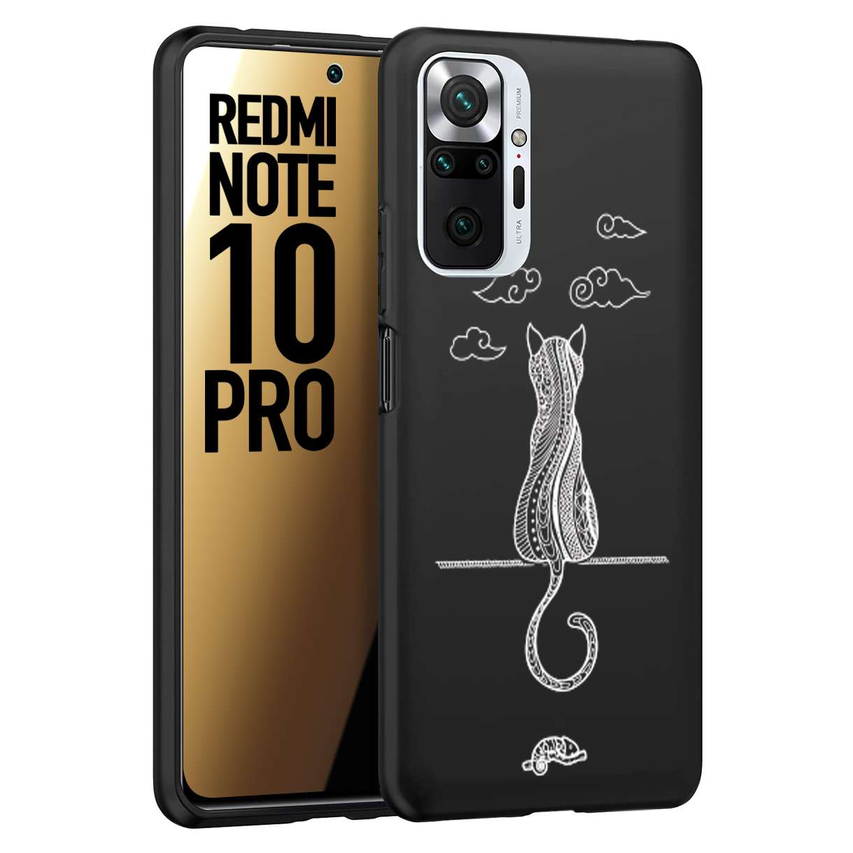 CUSTOMIZZA - Custodia cover nera morbida in tpu compatibile per Xiaomi Redmi Note 10 PRO gatto mandala stilizzato gattino a rilievo soft touch donna bianca