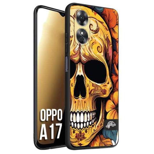 CUSTOMIZZA - Custodia cover nera morbida in tpu compatibile per Oppo A17 teschio messicano colorato dorato fiori autunnali disegnato