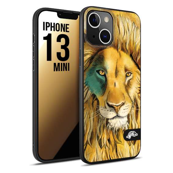 CUSTOMIZZA - Custodia cover nera morbida in tpu compatibile per iPhone 13 MINI leone lion disegnato a mano giallo blu a rilievo artistico brown