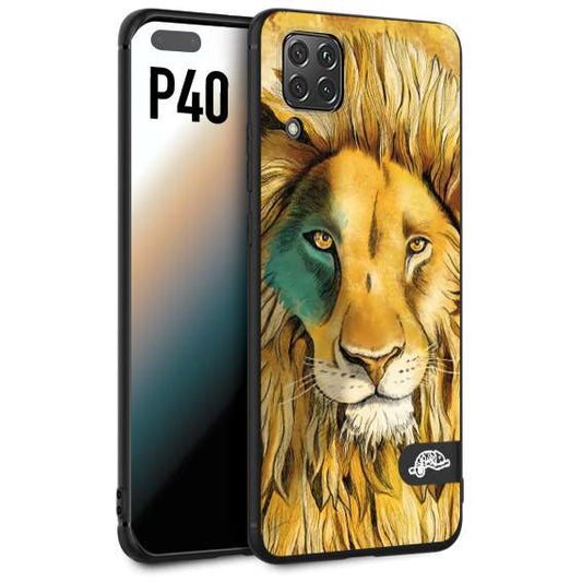 CUSTOMIZZA - Custodia cover nera morbida in tpu compatibile per Huawei P40 leone lion disegnato a mano giallo blu a rilievo artistico brown