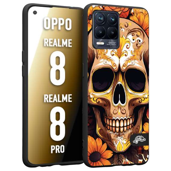 CUSTOMIZZA - Custodia cover nera morbida in tpu compatibile per Oppo Realme 8 - 8 PRO teschio messicano colorato dorato fiori tattoo disegnato