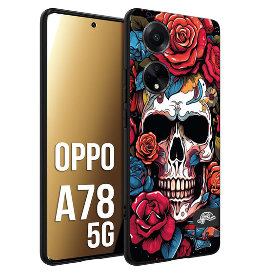 CUSTOMIZZA - Custodia cover nera morbida in tpu compatibile per Oppo A78 5G teschio skull flowers fiori rose rosse tattoo disegnato