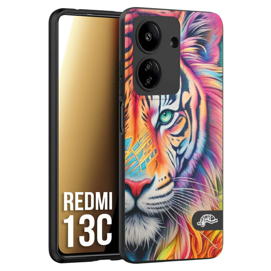 CUSTOMIZZA - Custodia cover nera morbida in tpu compatibile per Xiaomi Redmi 13C animali color tigre tiger viso colori vibranti disegnato schizzo