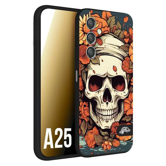 CUSTOMIZZA - Custodia cover nera morbida in tpu compatibile per Samsung A25 teschio skull flowers fiori tattoo disegnato alta definizione