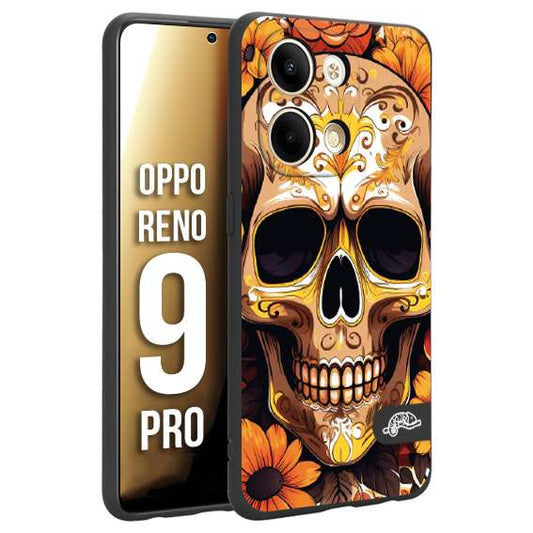 CUSTOMIZZA - Custodia cover nera morbida in tpu compatibile per Oppo Reno 9 PRO teschio messicano colorato dorato fiori tattoo disegnato