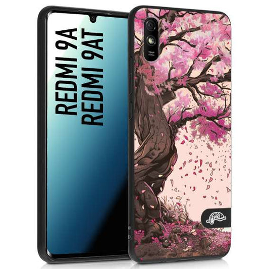 CUSTOMIZZA - Custodia cover nera morbida in tpu compatibile per Xiaomi Redmi 9A - 9AT giapponese colori morbidi fiori di ciliegio rosa disegnata