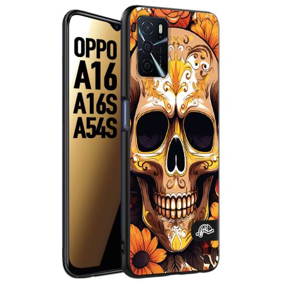 CUSTOMIZZA - Custodia cover nera morbida in tpu compatibile per Oppo A16 - A16S - A54S teschio messicano colorato dorato fiori tattoo disegnato