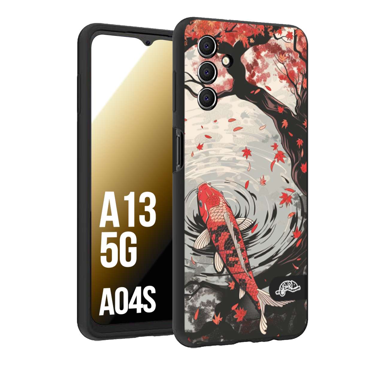 CUSTOMIZZA - Custodia cover nera morbida in tpu compatibile per Samsung A04S - A13 5G giapponese lago carpa koi rossa con foglie d'acero rosso disegnata tattoo