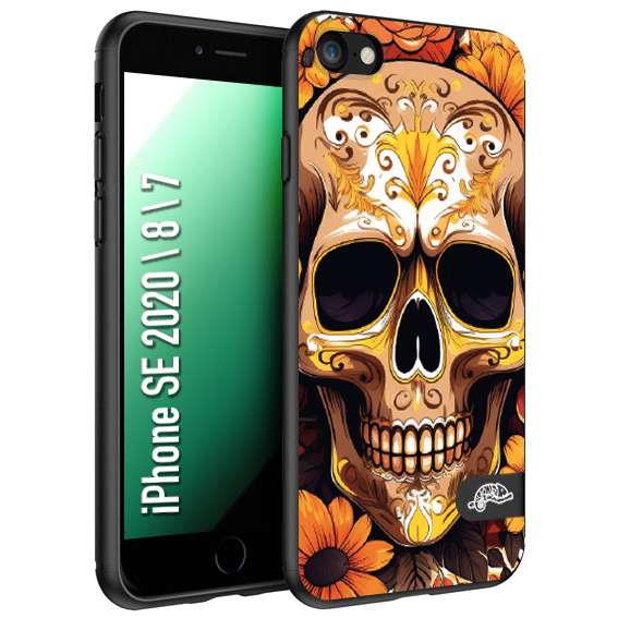 CUSTOMIZZA - Custodia cover nera morbida in tpu compatibile per iPhone 7 - 8 - SE 2020 / 2022 teschio messicano colorato dorato fiori tattoo disegnato