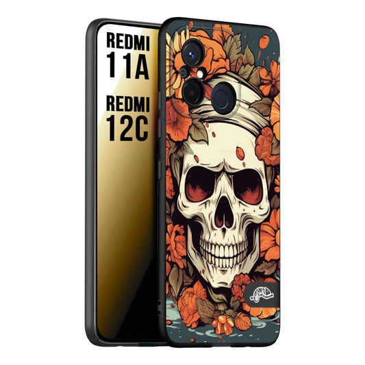 CUSTOMIZZA - Custodia cover nera morbida in tpu compatibile per Xiaomi Redmi 11A - 12C teschio skull flowers fiori tattoo disegnato alta definizione