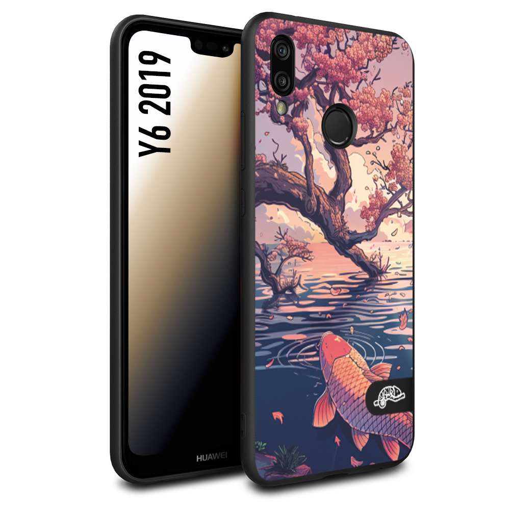 CUSTOMIZZA - Custodia cover nera morbida in tpu compatibile per Huawei Y6 2019 giapponese lago carpa koi rosa con foglie d'acero disegnata tattoo