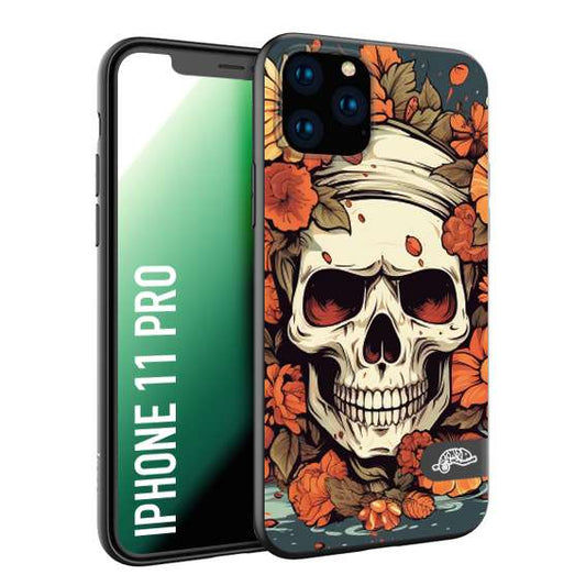 CUSTOMIZZA - Custodia cover nera morbida in tpu compatibile per iPhone 11 PRO teschio skull flowers fiori tattoo disegnato alta definizione