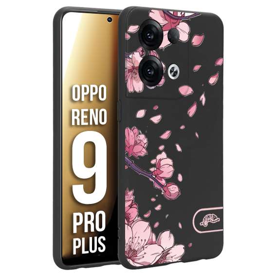 CUSTOMIZZA - Custodia cover nera morbida in tpu compatibile per Oppo Reno 9 PRO PLUS giapponese fiori di ciliegio in fiore a rilievo disegnata tattoo