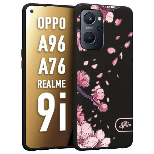 CUSTOMIZZA - Custodia cover nera morbida in tpu compatibile per Oppo Realme 9i - A96 - A76 giapponese fiori di ciliegio in fiore a rilievo disegnata tattoo