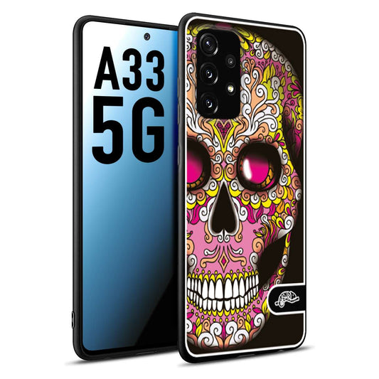 CUSTOMIZZA - Custodia cover nera morbida in tpu compatibile per Samsung A33 5G teschio messicano Mexican skull rosa gialla