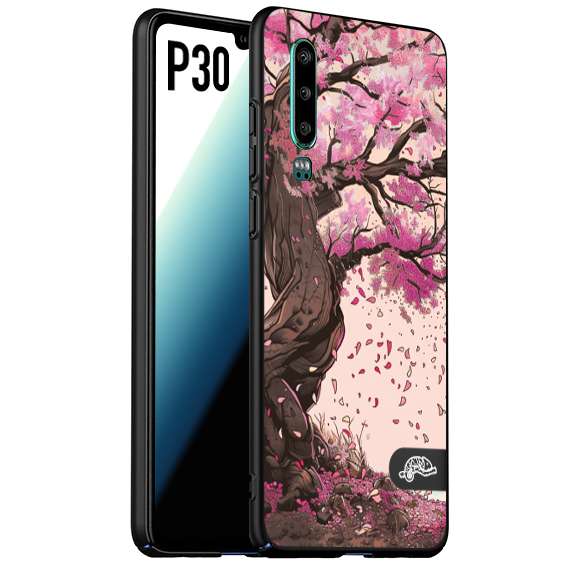 CUSTOMIZZA - Custodia cover nera morbida in tpu compatibile per Huawei P30 giapponese colori morbidi fiori di ciliegio rosa disegnata