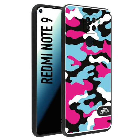 CUSTOMIZZA - Custodia cover nera morbida in tpu compatibile per Xiaomi Redmi Note 9 camouflage mimetico militare fucsia celeste