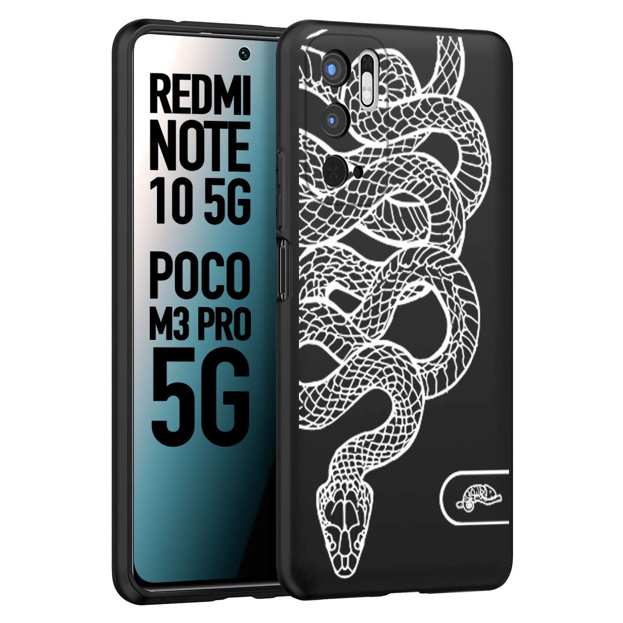 CUSTOMIZZA - Custodia cover nera morbida in tpu compatibile per Xiaomi Redmi Note 10 5G - Poco M3 Pro 5G serpente snake bianco a rilievo disegnato tattoo tatuaggio