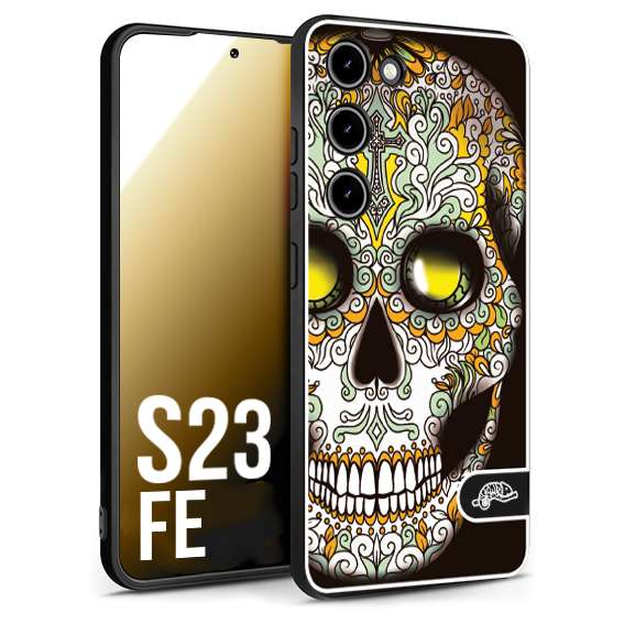 CUSTOMIZZA - Custodia cover nera morbida in tpu compatibile per Samsung S23 FE teschio messicano Mexican skull bianco verde giallo