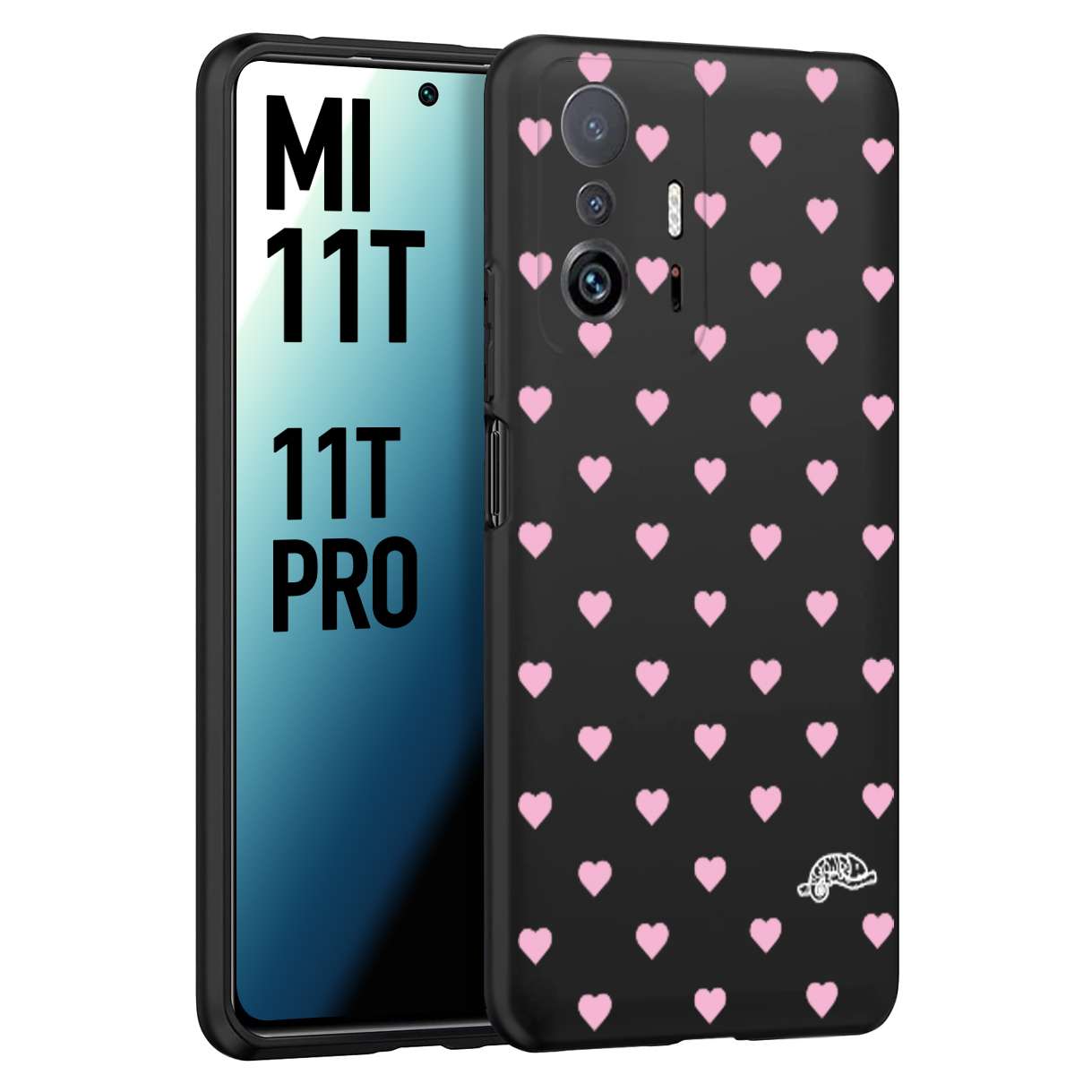 CUSTOMIZZA - Custodia cover nera morbida in tpu compatibile per Xiaomi Mi 11T - Mi 11T PRO cuori pois rosa su nero donna pin up vintage