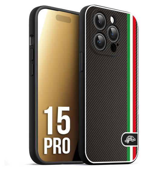 CUSTOMIZZA - Custodia cover nera morbida in tpu compatibile per iPhone 15 PRO effetto fibra di carbonio bandiera Italia made in Italy