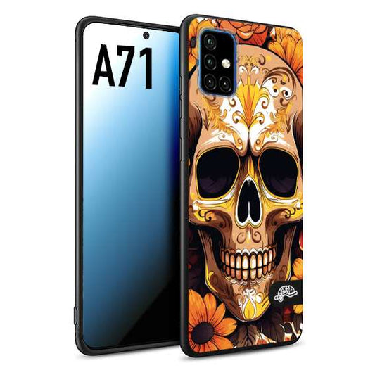 CUSTOMIZZA - Custodia cover nera morbida in tpu compatibile per Samsung A71 teschio messicano colorato dorato fiori tattoo disegnato