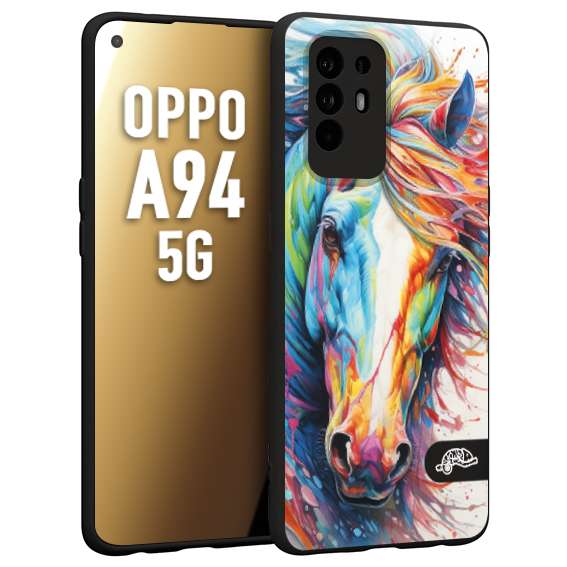 CUSTOMIZZA - Custodia cover nera morbida in tpu compatibile per Oppo A94 5G animali color cavallo horse viso colori vibranti disegnato schizzo