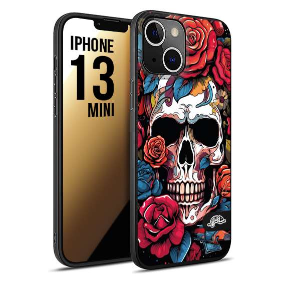 CUSTOMIZZA - Custodia cover nera morbida in tpu compatibile per iPhone 13 MINI teschio skull flowers fiori rose rosse tattoo disegnato